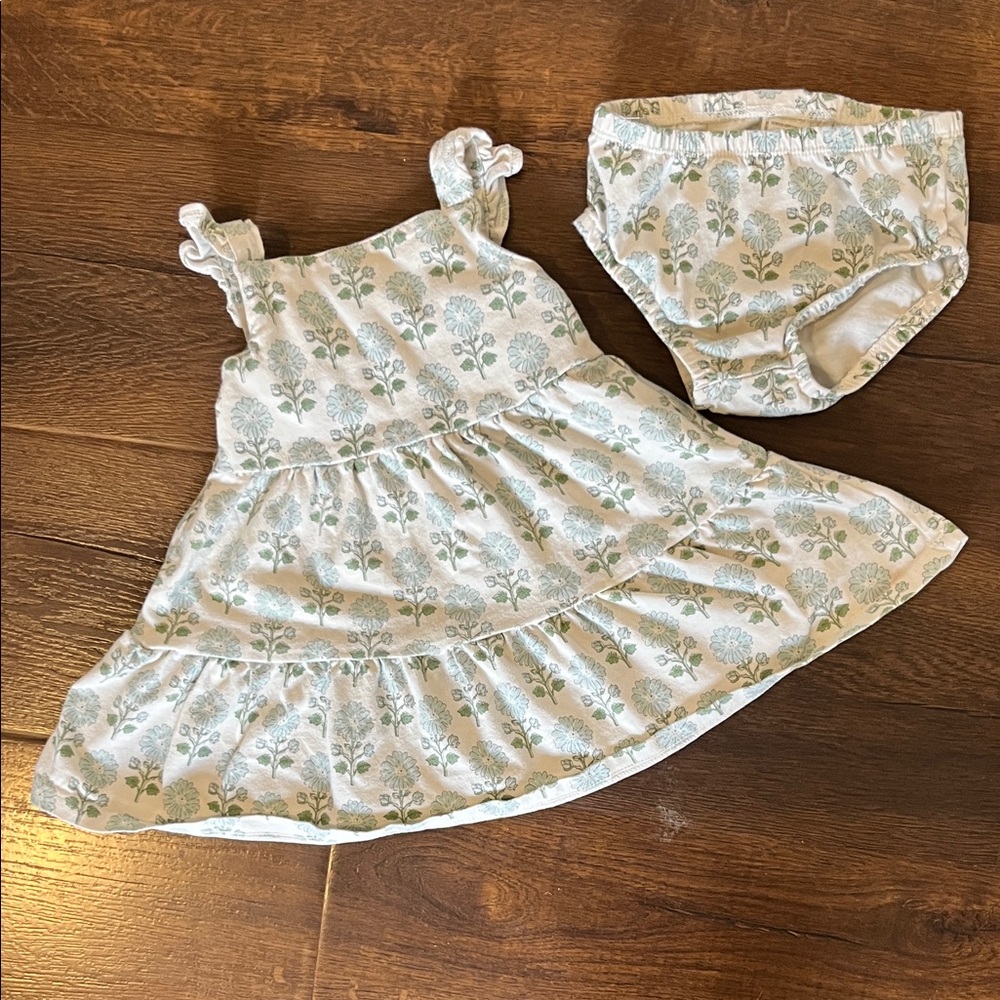 Baby Girl Floral Tiered Dress with Bloomers - Light Blue & Green